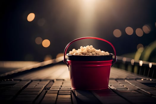a bucket of popcorn on a table in front of a light. AI-Generated photo