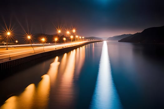 a long exposure photo of a bridge at night. AI-Generated