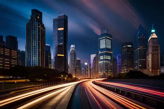 a city at night with traffic lights and buildings. AI-Generated photo