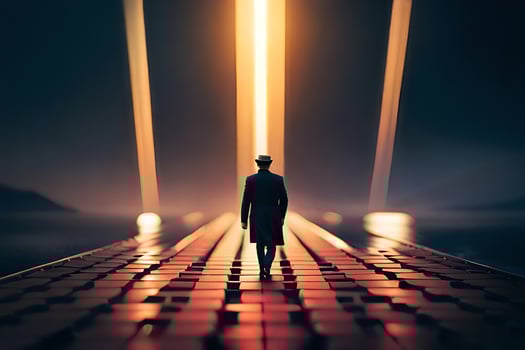 a man in a hat walks along a path with lights. AI-Generated photo