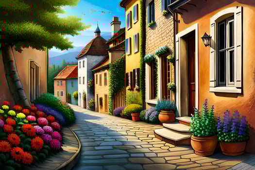 an illustration of a street with flowers and plants. AI-Generated photo