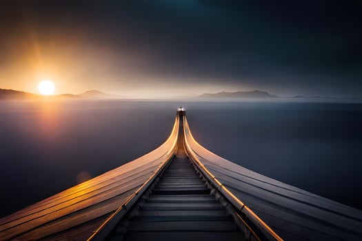 a long bridge leading to the sun. AI-Generated photo