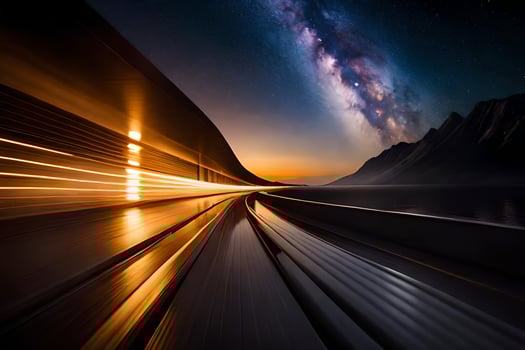 a train traveling through the night with the milky in the background. AI-Generated photo