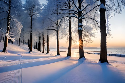 snow covered trees at sunset. AI-Generated photo