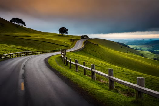 a winding road in the middle of a green field. AI-Generated photo