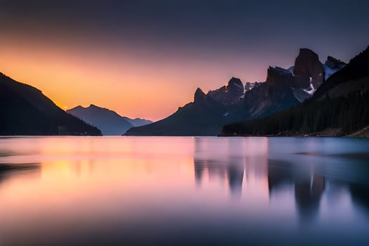 the mountains are reflected in the water at sunset. AI-Generated photo