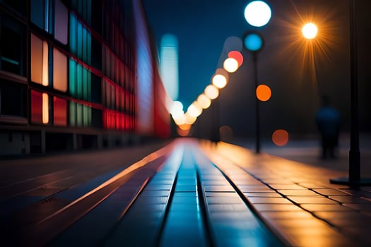 a long walkway with lights on it at night. AI-Generated photo