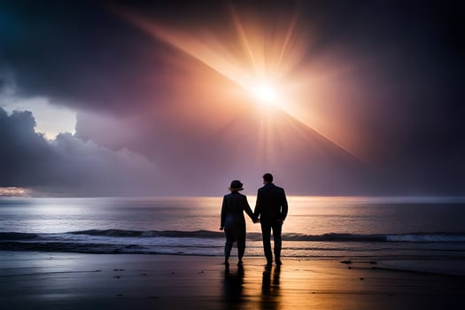 two people stand on the beach holding hands. AI-Generated photo