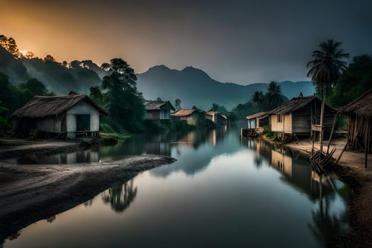 a river in the mountains with houses and trees. AI-Generated photo