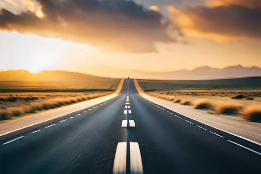 an empty road with the sun setting in the distance. AI-Generated photo