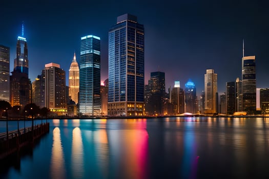 the city skyline at night with lights reflecting off the water. AI-Generated photo