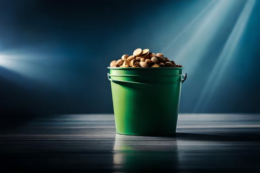 a bucket filled with peanuts on a wooden table. AI-Generated photo
