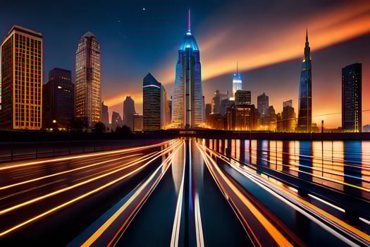 a city skyline at night with lights on the buildings. AI-Generated photo
