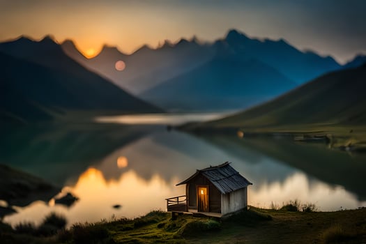 the house of the lake, lake, mountains, sunset, reflection, reflection hd wallpaper. AI-Generated photo