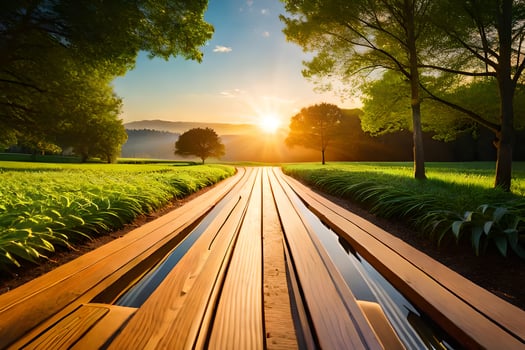 a wooden path leading to the sun. AI-Generated photo