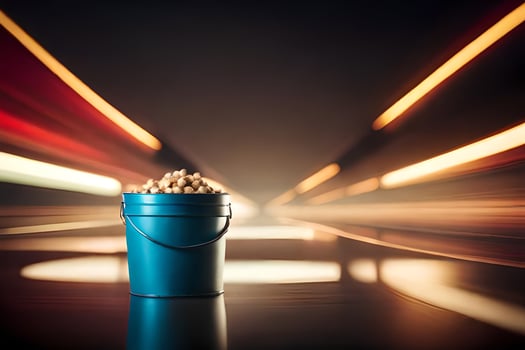 a bucket of popcorn on a table with blurry lights. AI-Generated photo