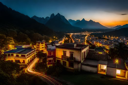 a town at dusk with mountains in the background. AI-Generated photo
