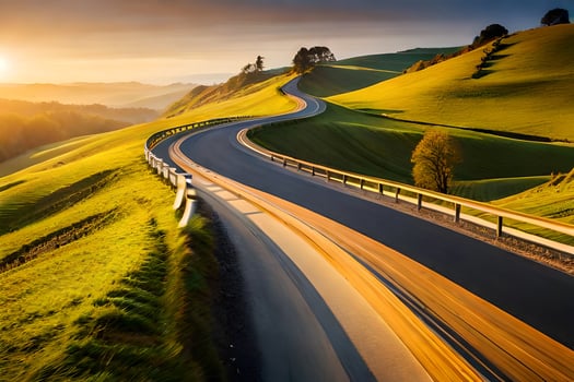 the sun sets over a winding road in the mountains. AI-Generated photo