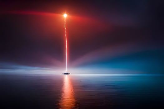 a boat in the ocean with a light beam coming from it. AI-Generated photo