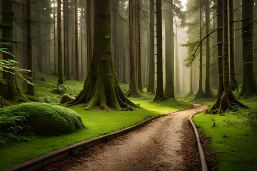 a path through a forest with tall trees. AI-Generated photo