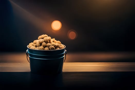 a bucket filled with peanuts on a table. AI-Generated photo