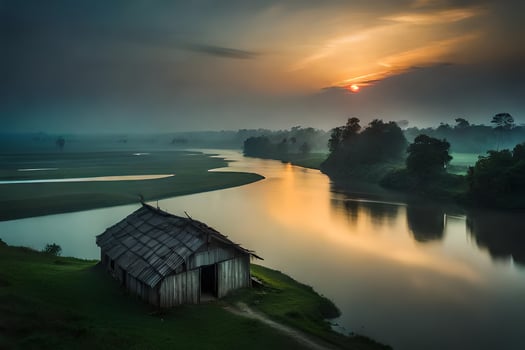 the sun rises over the river. AI-Generated photo