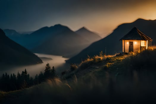 a small hut sits on the edge of a mountain at sunset. AI-Generated photo
