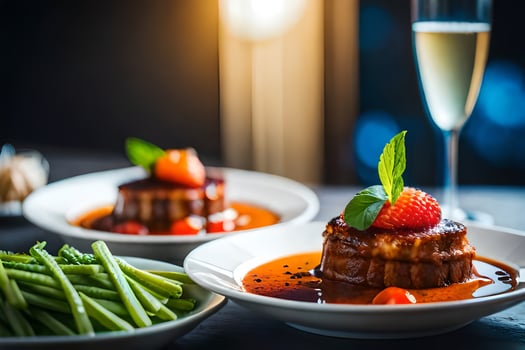 two plates with food and a glass of champagne. AI-Generated photo