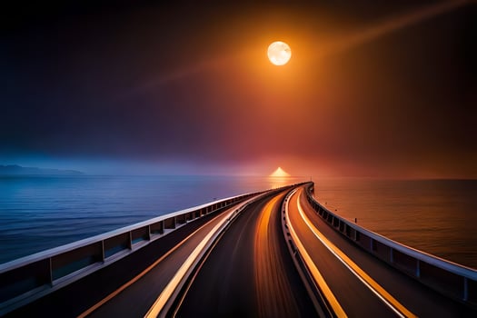 a long bridge with a bright moon in the sky. AI-Generated photo