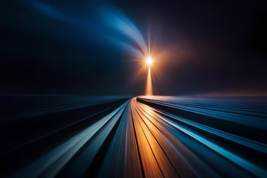 a long exposure photograph of a train going through the night. AI-Generated photo
