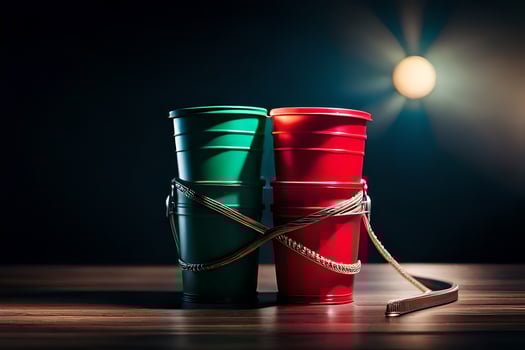 two red cups tied together with rope on a wooden table. AI-Generated photo