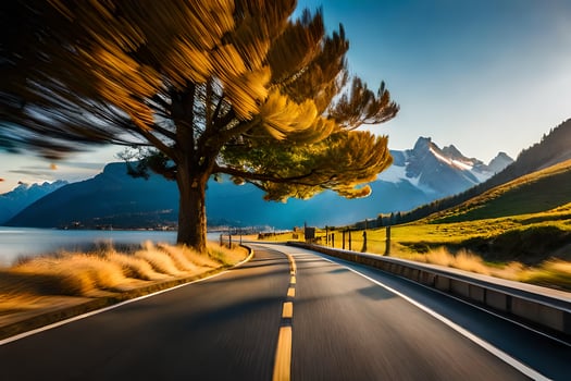 a road in the mountains with a tree in the foreground. AI-Generated photo