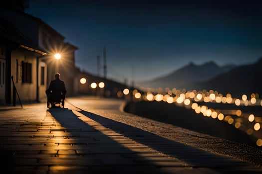 a man in a wheelchair is walking down a street at night. AI-Generated photo