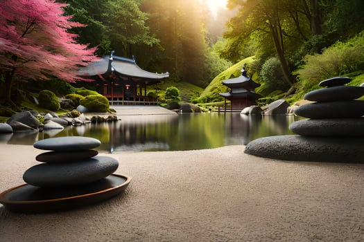 a japanese garden with stones and water. AI-Generated photo