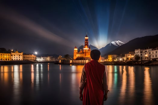 a man in red robes stands in front of a lake at night. AI-Generated photo