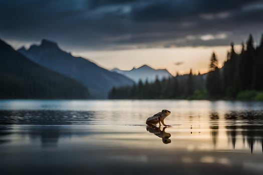 a frog sitting on the shore of a lake at sunset. AI-Generated photo