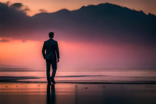 a man in a suit stands on the beach at sunset. AI-Generated photo