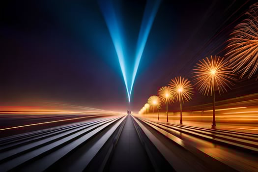 a long exposure photograph of fireworks and a train. AI-Generated photo