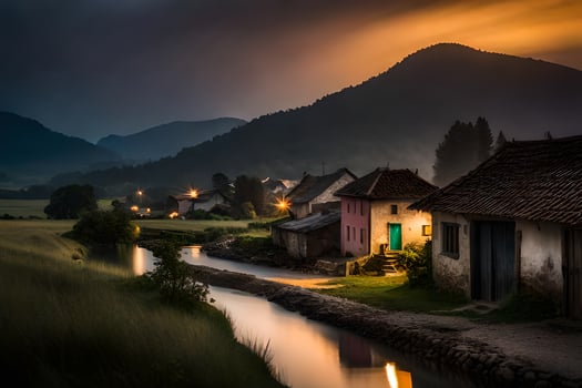 photo wallpaper the sky, mountains, river, village, sunset, the countryside, the village,. AI-Generated