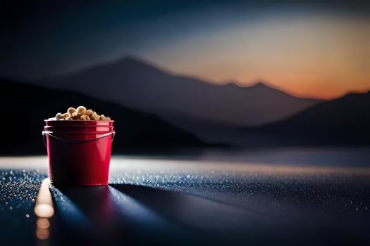 a bucket of popcorn sitting on the ground in front of a lake. AI-Generated photo
