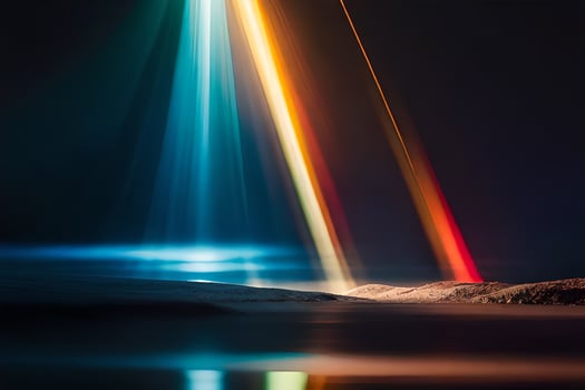 a rainbow light beam is shining on the water. AI-Generated photo