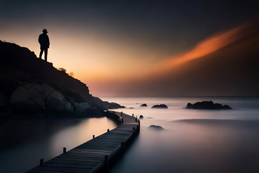 a man stands on a wooden pier looking out over the ocean. AI-Generated photo