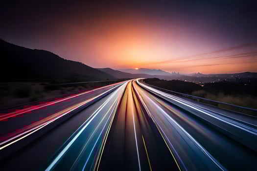 a long exposure photograph of a highway at sunset. AI-Generated photo