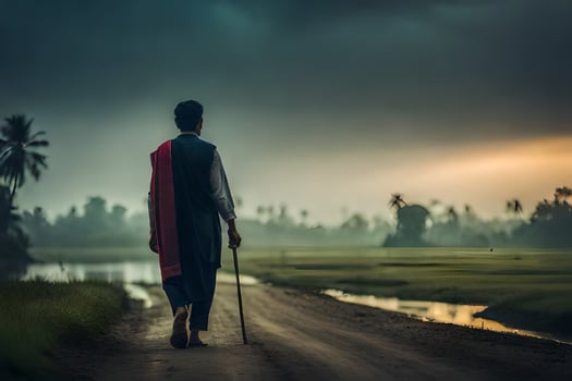 a man walking on a road with a cane. AI-Generated photo