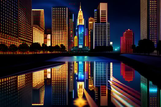 a city at night with a reflection of the buildings. AI-Generated photo