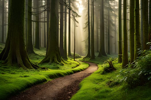 a path through a forest with tall trees. AI-Generated photo