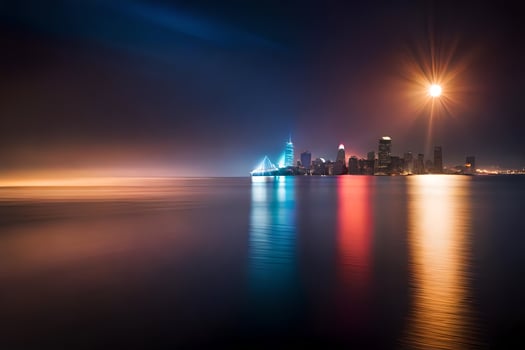 the city lights are reflected in the water. AI-Generated photo
