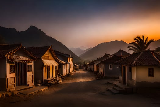 a village at sunset in the mountains. AI-Generated photo
