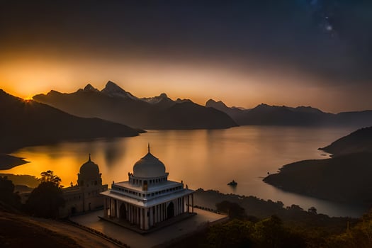 the sun sets over a lake and mountains in india. AI-Generated photo