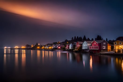 a row of houses on the water at night. AI-Generated photo